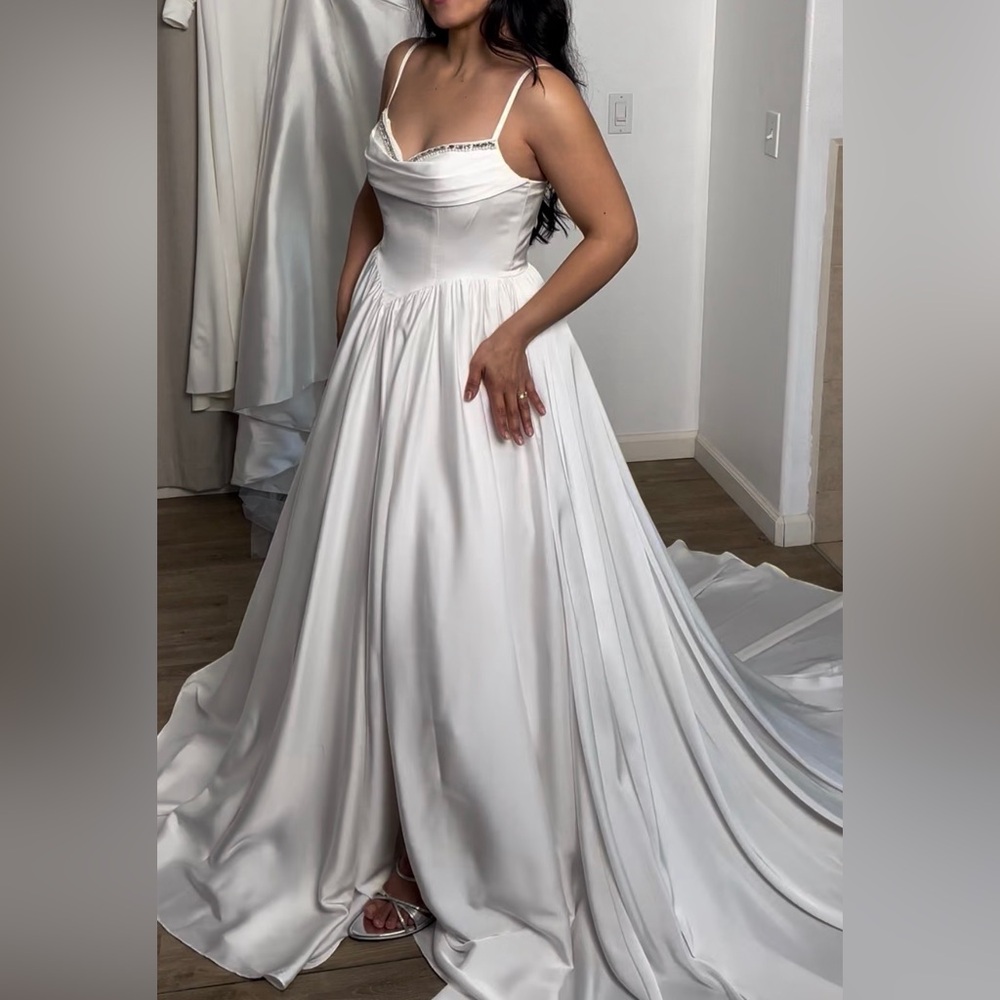 Azazie White Satin Spaghetti-Strap Bridal Gown